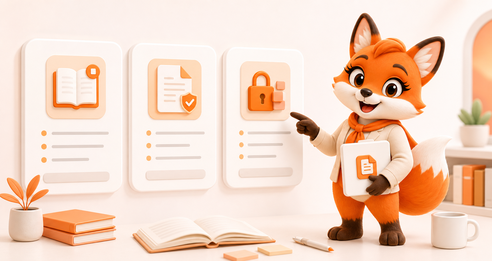 Cute female Proiga fox presenting the guide, terms, and privacy documents