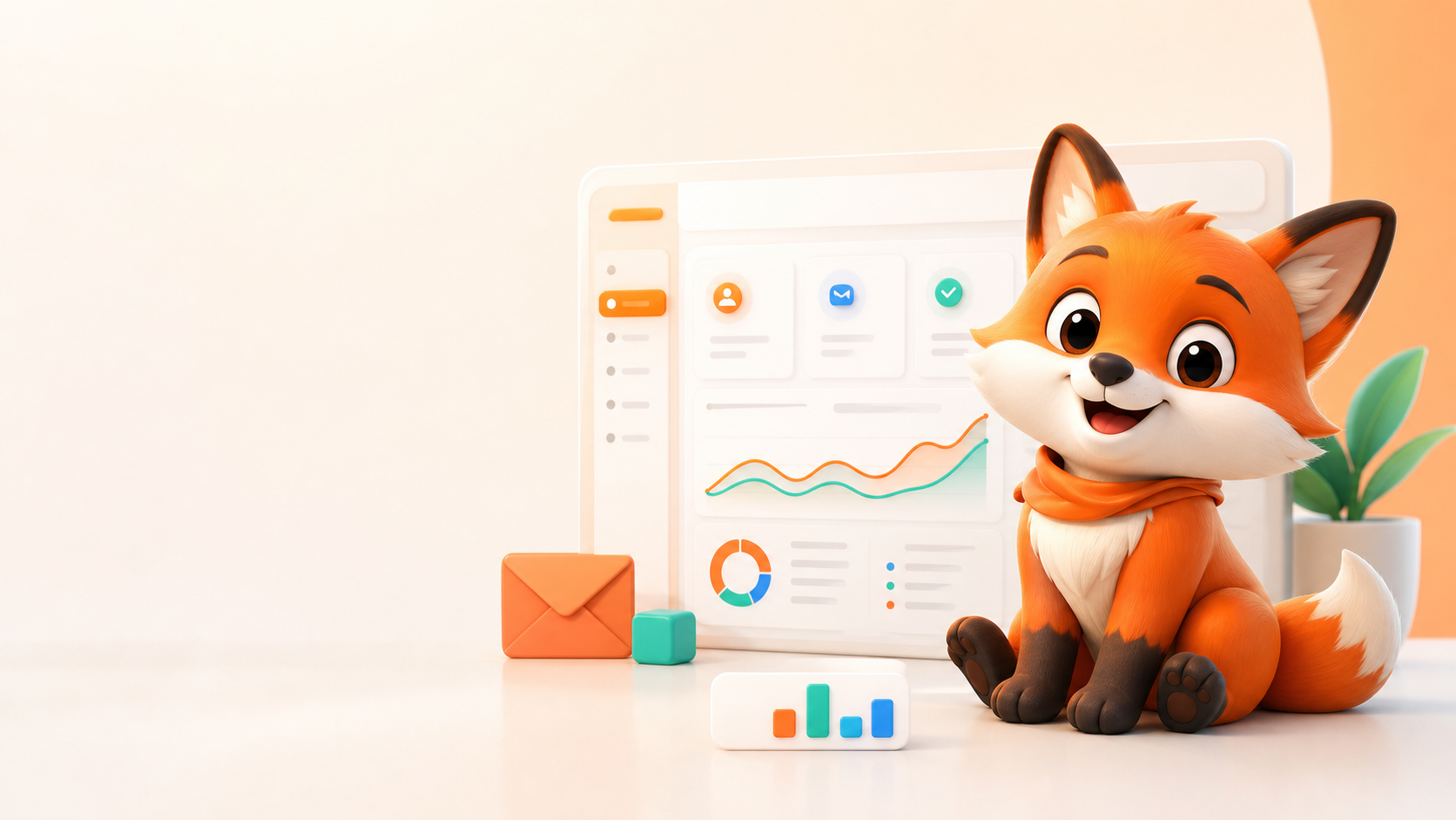 Friendly Proiga fox beside a colorful campaign workspace