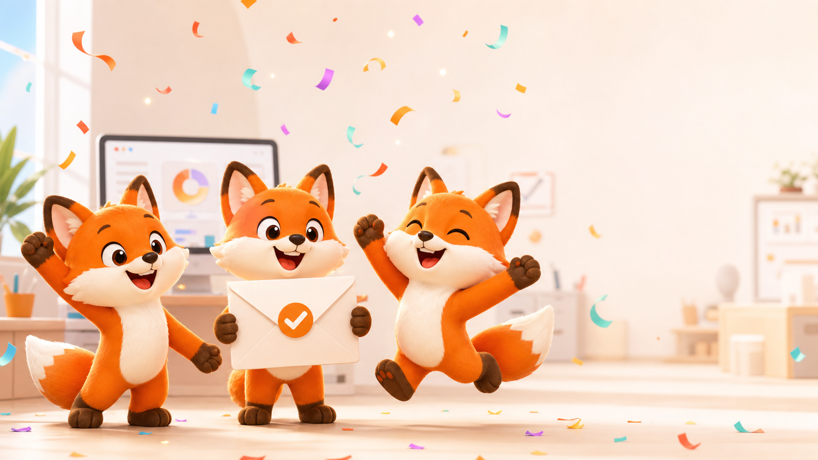 Friendly Proiga fox mascots celebrating a successful campaign